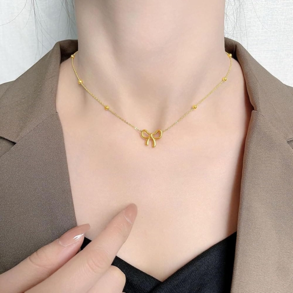Bow Necklace Gold Silver Bowknot Titanium Steel Beaded Planet Snake Chain Collar Choker Pendant Necklace for Women Dainty Bow Jewelry Gifts